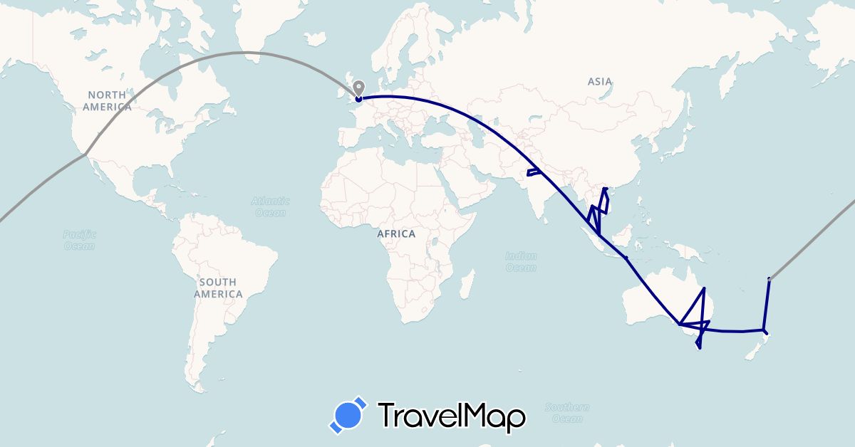 TravelMap itinerary: driving, plane in Australia, Fiji, United Kingdom, Indonesia, India, Cambodia, New Zealand, Singapore, Thailand, United States, Vietnam (Asia, Europe, North America, Oceania)